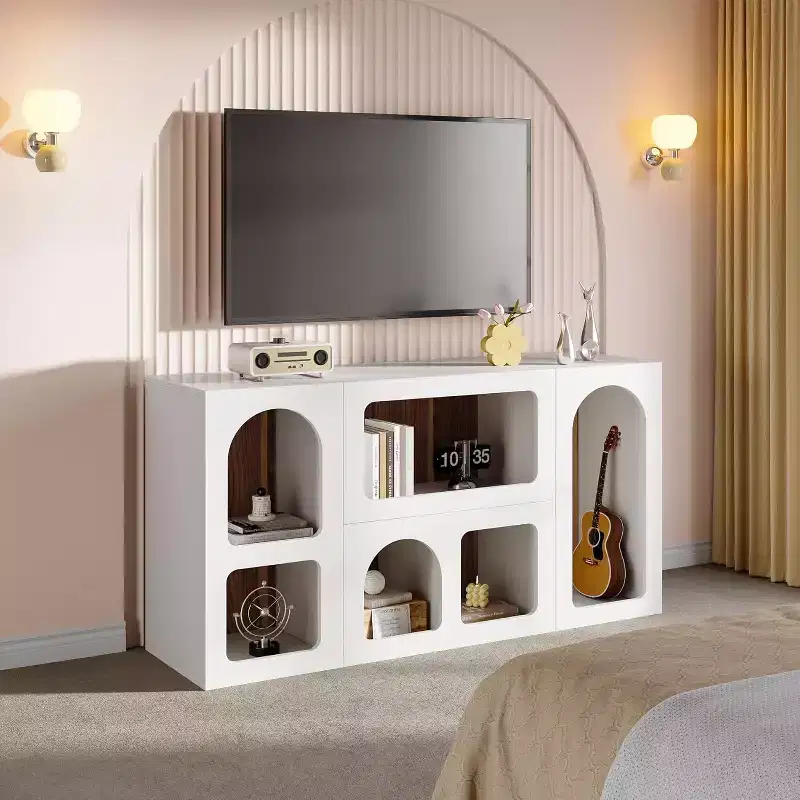 59-Inch Modern TV Stand for TVs Up to 65 Inches, Wood Entertainment Center with Open Shelves for Living Room, Bedroom, White