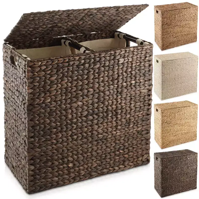 Casafield 2-Section Laundry Hamper with Lid and Removable Liner Bags, Woven Water Hyacinth Laundry Basket Sorter for Clothes