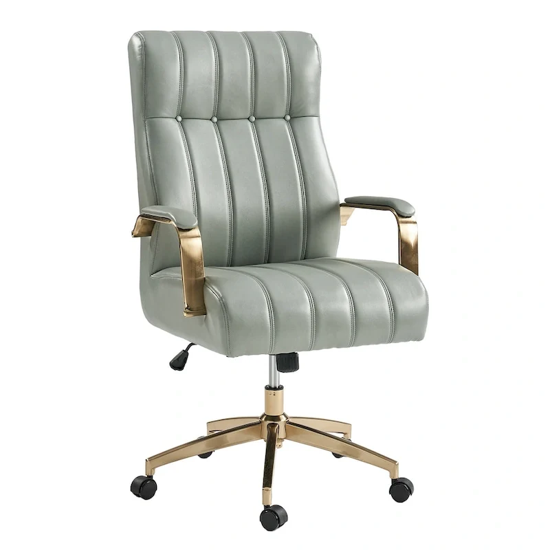 Mid-Century Modern Vegan Leather Swivel Tilting Office Chair with Channel Tufted and Metal Feet