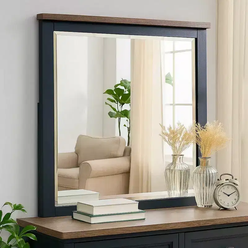 36 Inch Dresser Mirror, Blue Pinewood Frame, Dark Brown Top