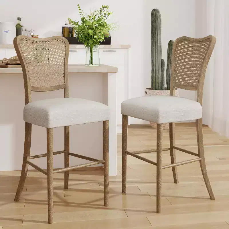 GDFStudio Wracy Upholstered 30 Rattan Back Rubber Wood Frame Barstool with Footrest, Light Brown