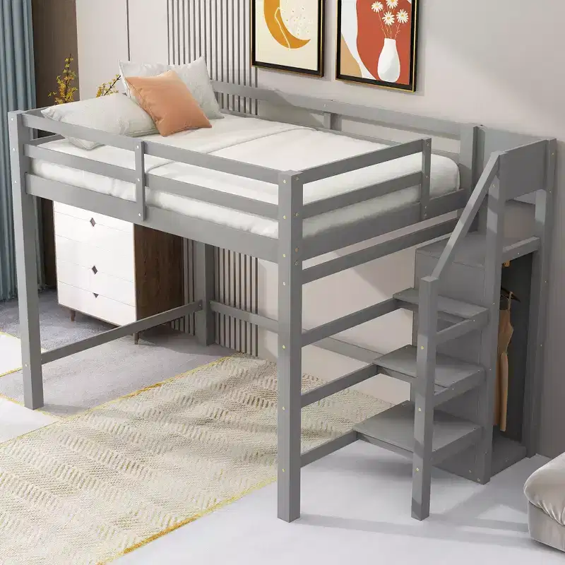 Full Size Wooden Loft Bed with Built-in Storage Wardrobe and Staircase, Multi-Functional Loft Bed with Staircase and Guardrails
