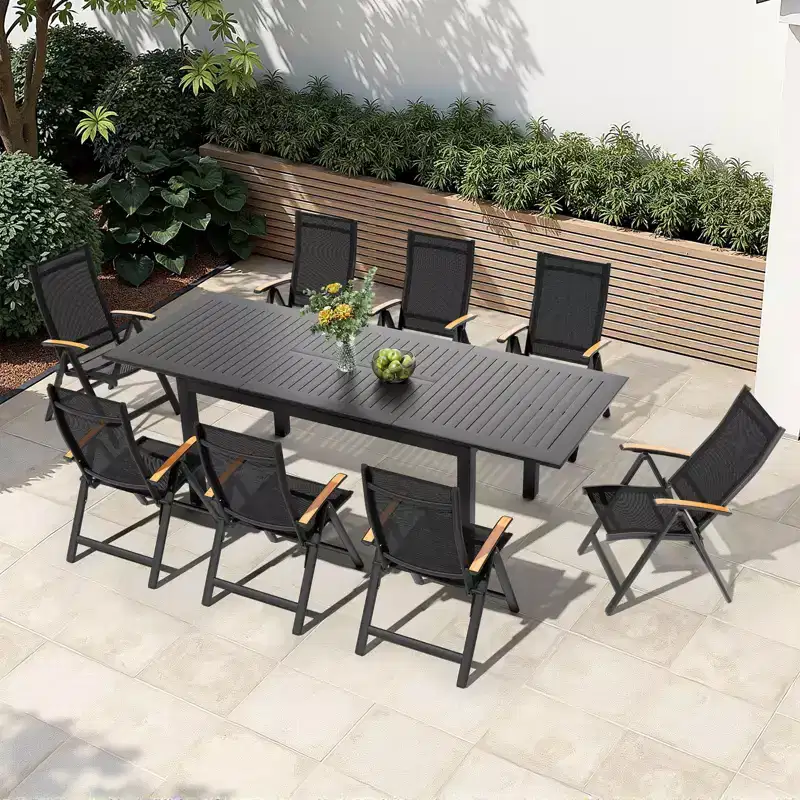 Crestlive Products 9pc Patio Expandable Dining Set Aluminum Outdoor 94.5'' Rectangular Table for 6 to 8 with Folding Chairs