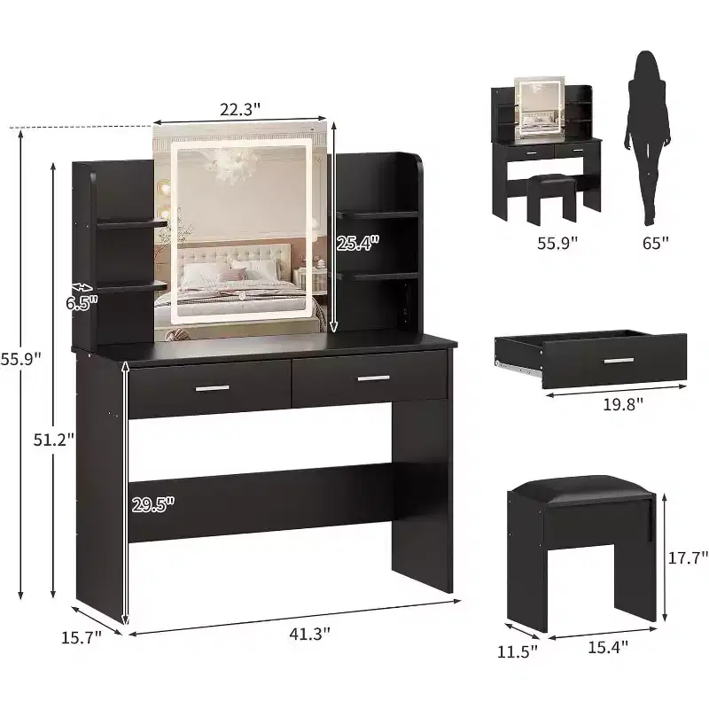 Vanity Desk with Lighted Mirror, Stool, Power Outlet, 6 Shelves, 2 Large Drawers, 3-Color Adjustable LED, Makeup Vanity for Bedroom, Black