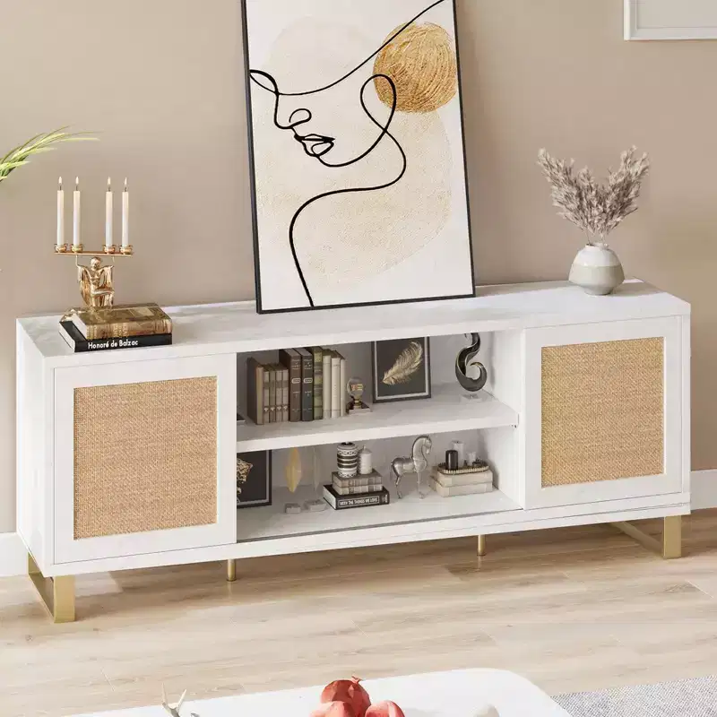 TV Stand for 65 Inch TV, White Entertainment Center Modern TV Console Table, Rattan TV Stand with Storage, Doors and Shelves
