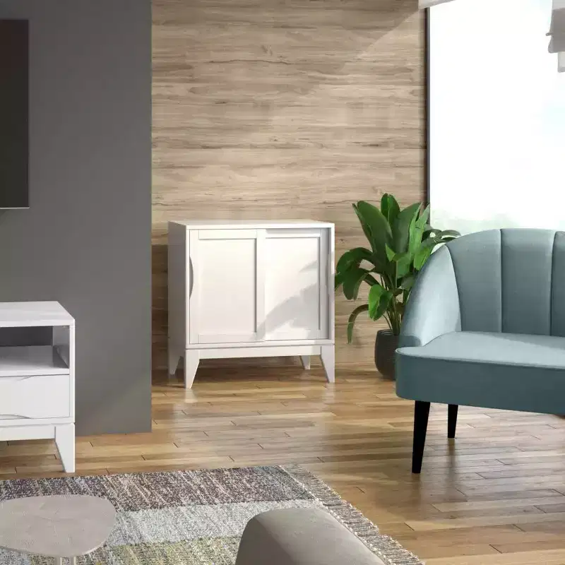 Pearson Low Storage Cabinet, White, Modern Living Room Accent Cabinet