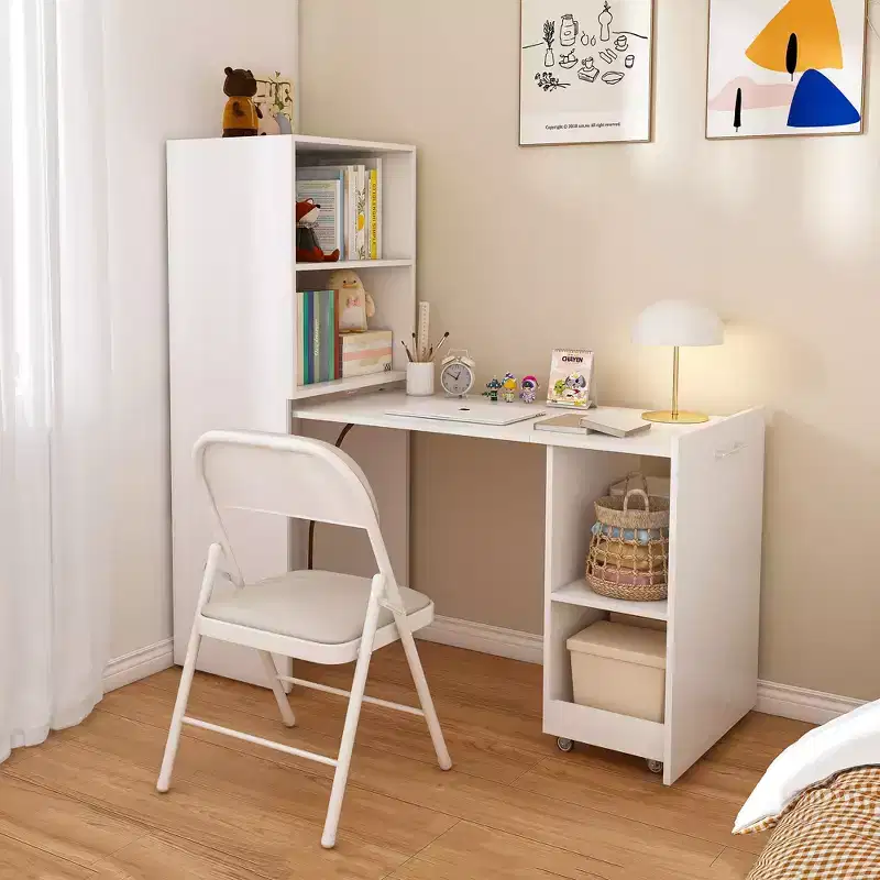 Stretchable Writing Desk,Foldable Home Office Desk with Storage Shelves and Wheels,Mobile Workstation for Small Apartments,Offices