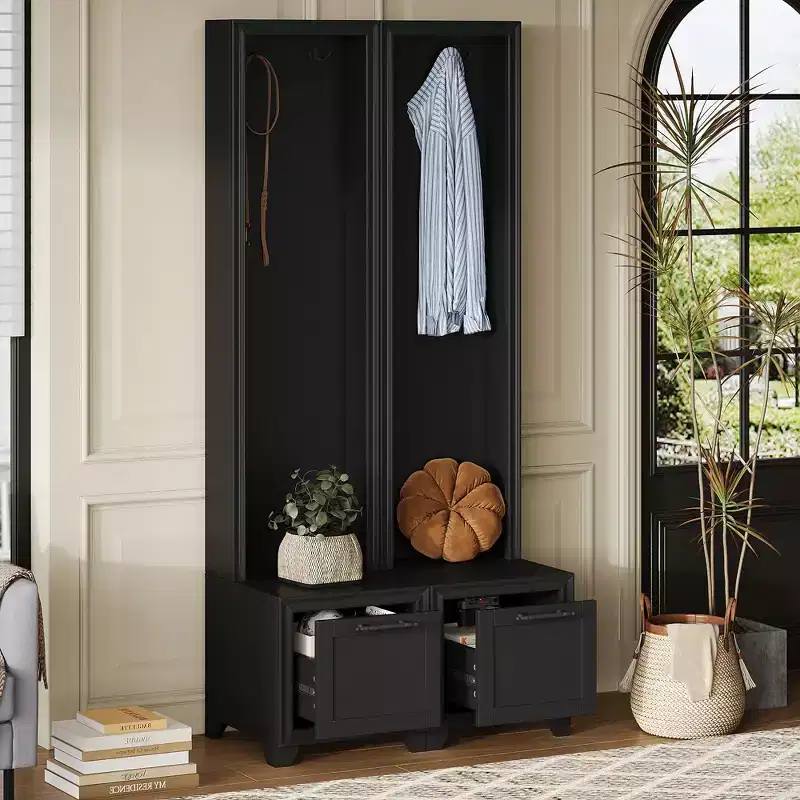 Elegant Free Standing Hall Tree, Multifunctional Entryway Coat Rack with Black Retro Handles