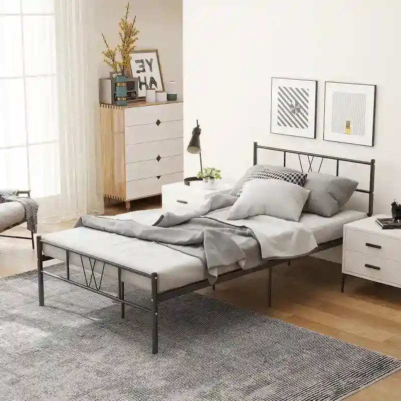 Black Metal Platform Bed Frame with Headboard & Footboard — Twin/Full/Queen/King