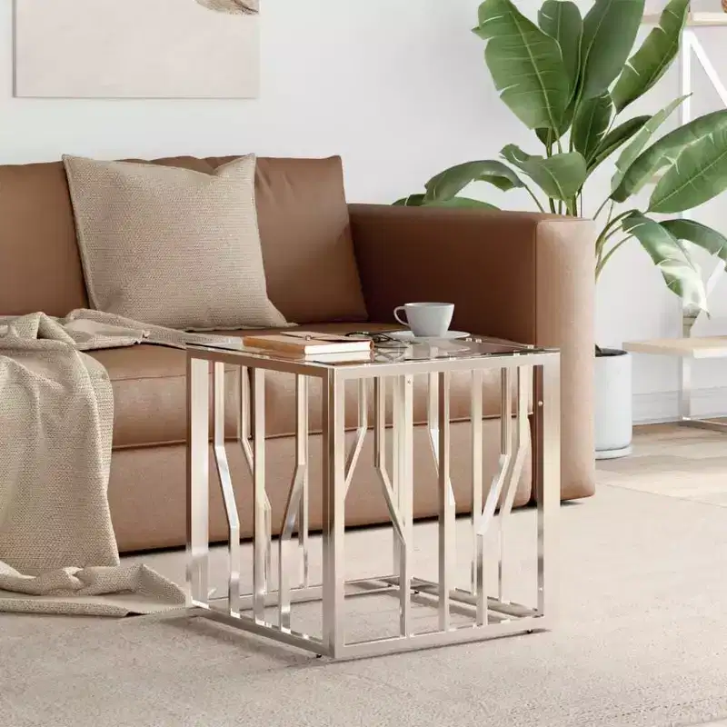 Coffee Table Silver, Marble Stainless Steel, Tempered Glass Medium - Silver Glass