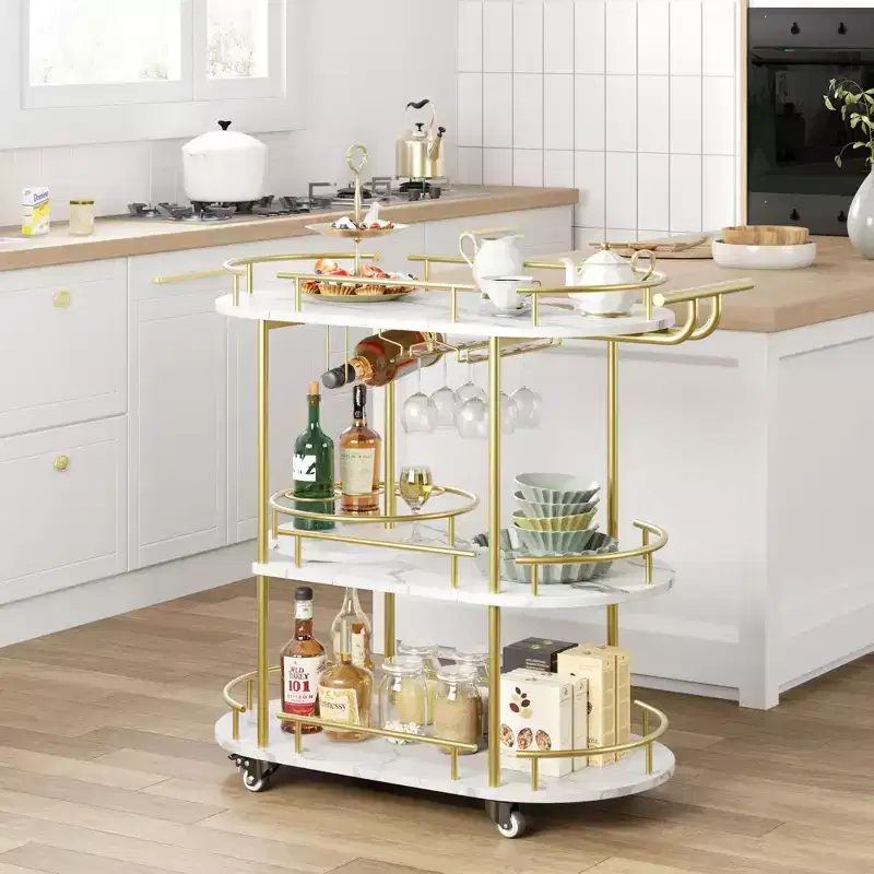 Gold Bar Cart, 3 Tier Bar Carts with Wheels, Rotated Bar Cart with Wine Rack and Glass Holder, Bar Serving Cart for Living Room, Kitchen, Dining Room