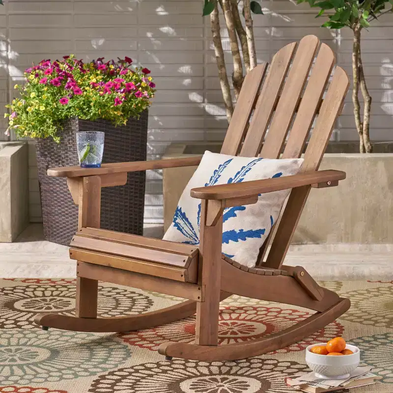 TUYOHW Rustic Adirondack Rocking Chair,Set of 1,Premium Acacia Accent Chairs with Cup Holder,Outdoor Lazy Chair for Porch,Backyard & Garden,Brown