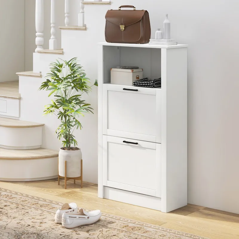 Freestanding Shoe Cabinet with 2 Flip Drawers and Adjustable Shelves - White