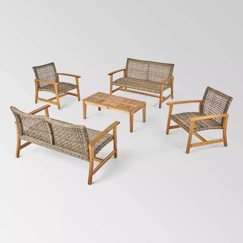 Hampton 5pc Wood & Wicker Loveseat Chat Set: Christopher Knight Home Outdoor Ensemble