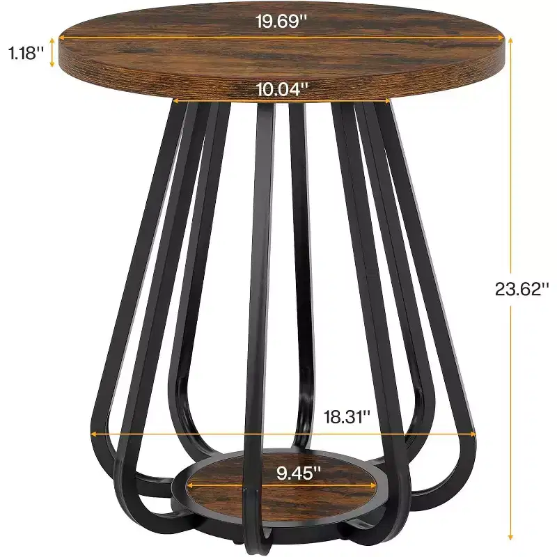 2-Tier Small Round Side Table with Metal Frame and Lower Shelf, End Table for Small Spaces, Living Room, Bedroom, Vintage Brown & Black