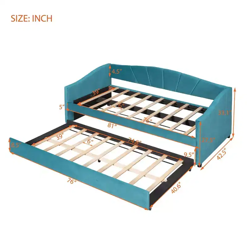Upholstered Daybed Sofa Bed Twin Size With Trundle Bed and Wood Slat Blue