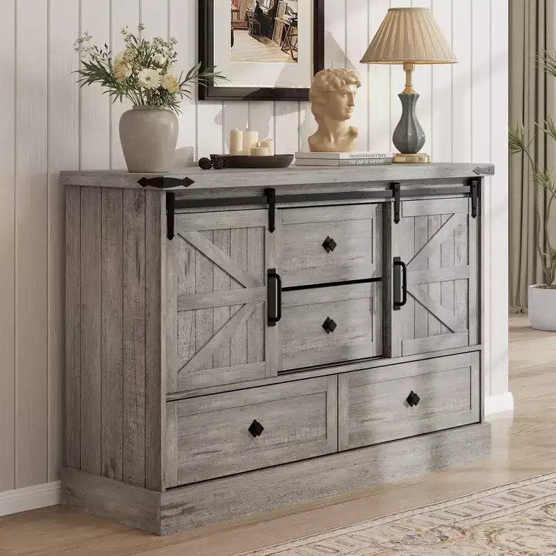 4 Drawer Dresser for Bedroom, 45 in Wood Dressers With Sliding Barn Doors, TV Stand With Large Drawers & Bar Handles, for Closet, Living Room