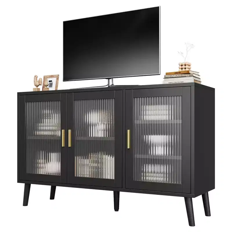 Storage Cabinet with 3 Long Rainbow Glass Doors, Large Capacity Particleboard Sideboard, Modern for Kitchen, Dining, or Living Room Black