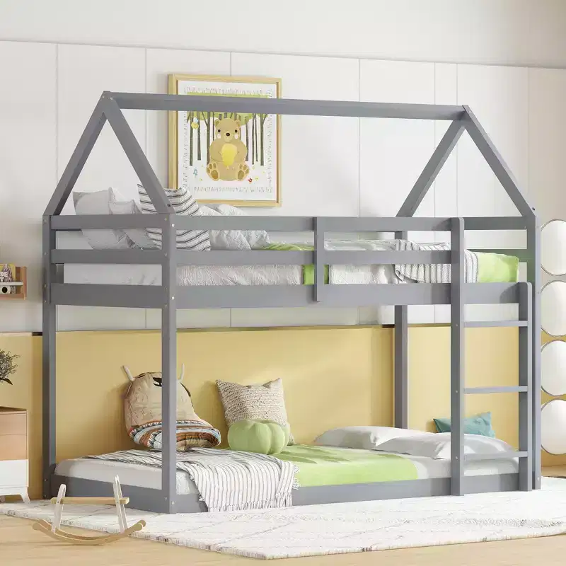 Twin Rubber Wood Floor Bunk Bed with Ladder, Guardrails, House Shaped Bunk Bed White