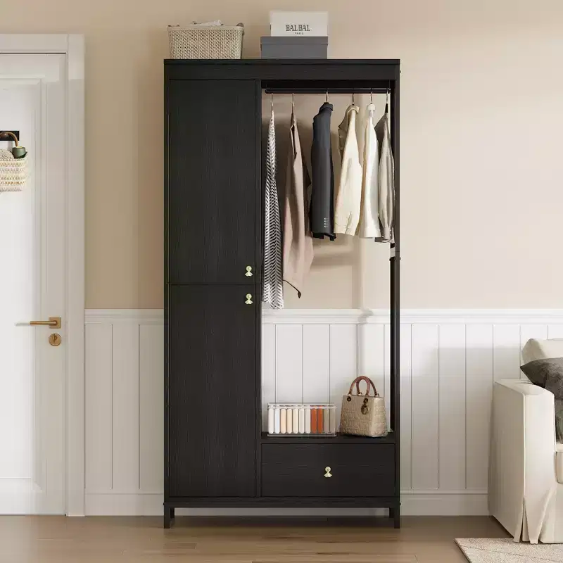 Freestanding Closet Organizer with Shelves and Hanging Rod, Modern Metal Wardrobe Rack with Mesh Side & Drawer