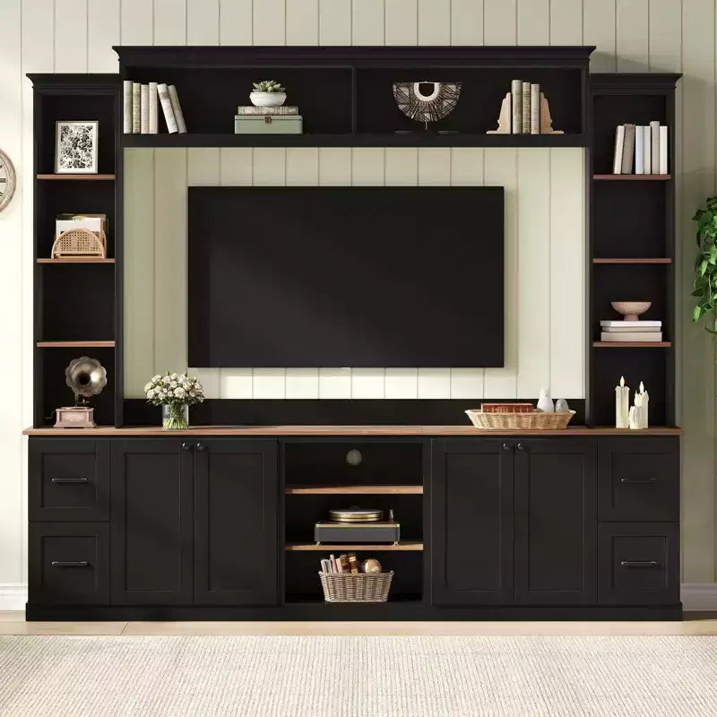 ModernLuxe 4-in-1 Farmhouse Entertainment Center Wall Unit, Fits TVs Up to 70, TV Stand Media Console w/ Adjustable Shelves & Drawers
