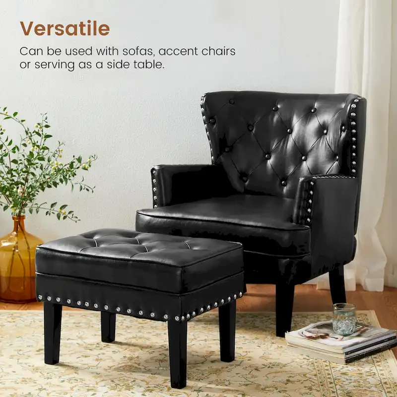 Black / Coffee Mid-Century Button-Tufted PU Leather Ottoman