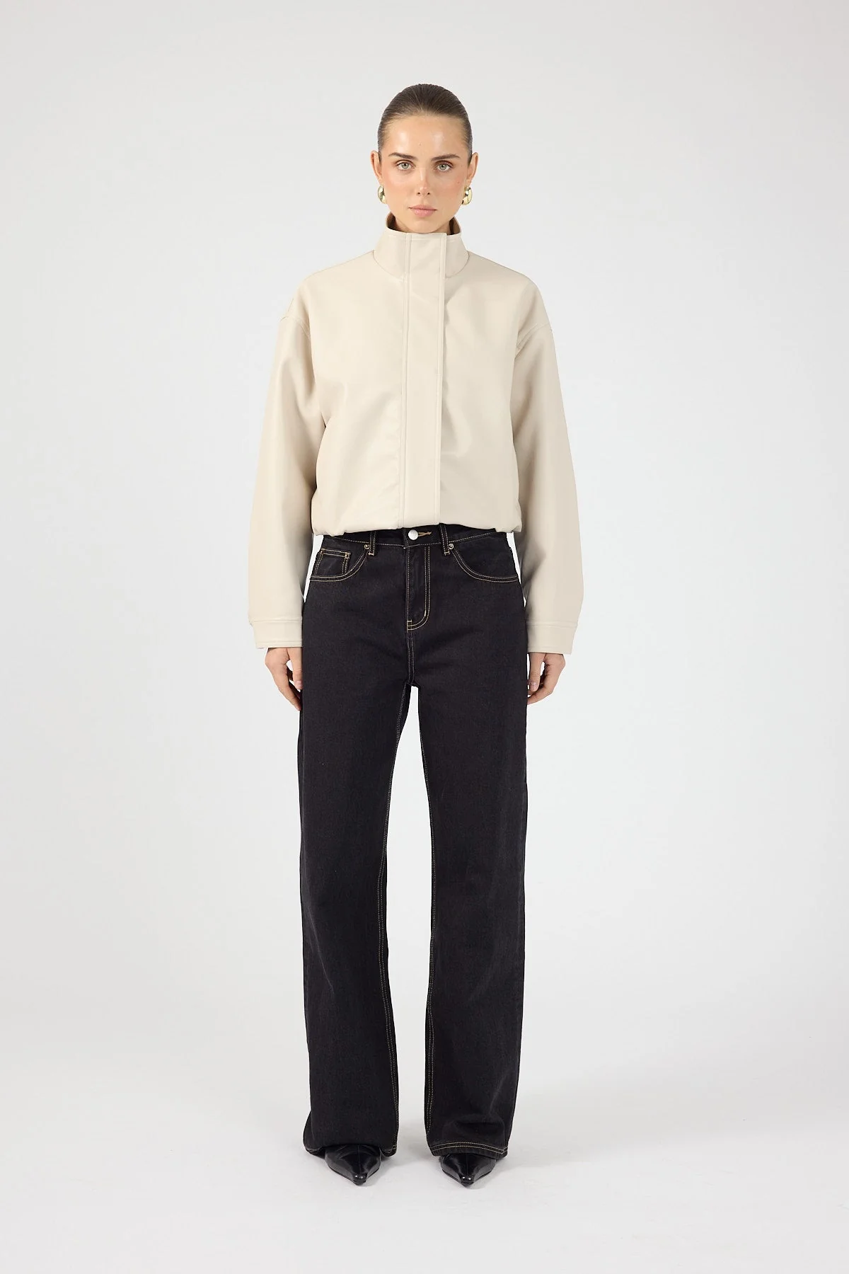 Funnel Neck Faux Leather Bomber Jacket Stone