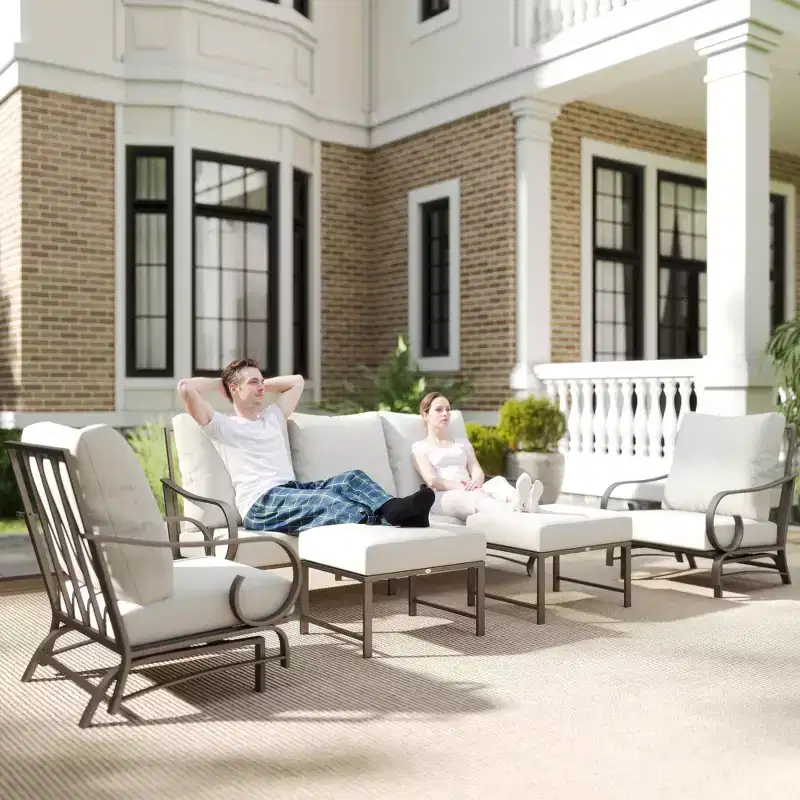 Outsunny 5 Piece Patio Furniture Set with 2 Rocking Chairs, 3-Seat Sofa, and 2 Ottomans for Garden, Lawn, Deck, Backyard, Beige