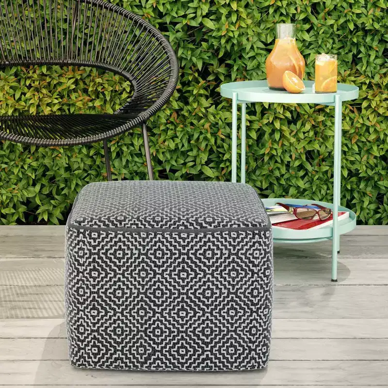 Square Woven PET Polyester Pouf Gray White Indoor Outdoor