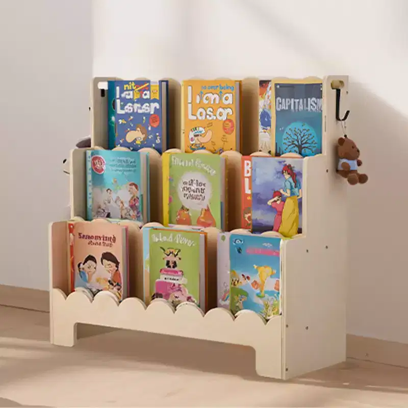 Montessori Bookshelf, 3-Tier Scalloped Kids Bookshelf, Front Facing Toddler Bookcase, Dual Hooks for Hanging Backpacks, Baby Bookshelf, Brown