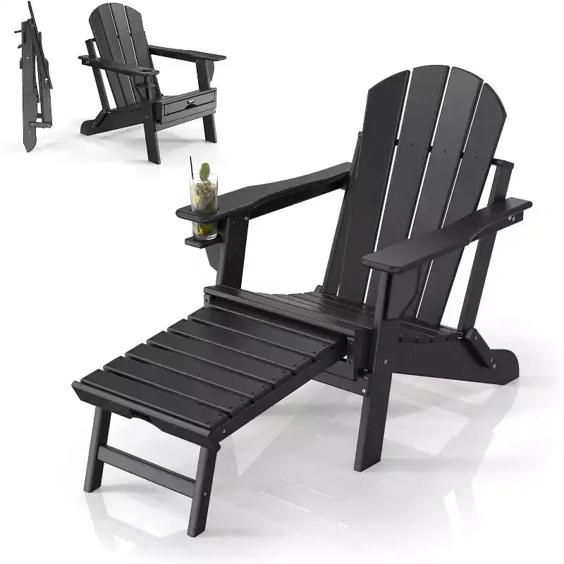 VINGLI Waterproof Folding Adirondack Chair set of 2 with Ottoman, for Outside with Hidden Footrests, Foldable Ergonomics Seating