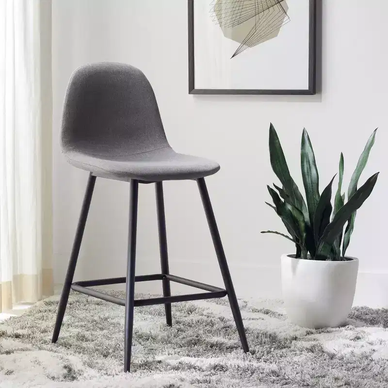 Dark Grey Counter Stool with Padded Back, Footrest & Black Metal Legs, Fixed Height