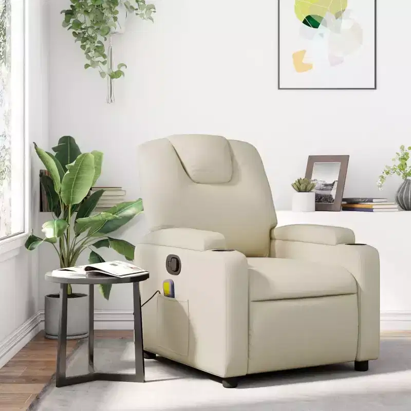 vidaXL Cream Faux Leather Massage Recliner Chair - Reclining Armchair for Elderly with Vibration Function, Cup Holders, Manual Tilt