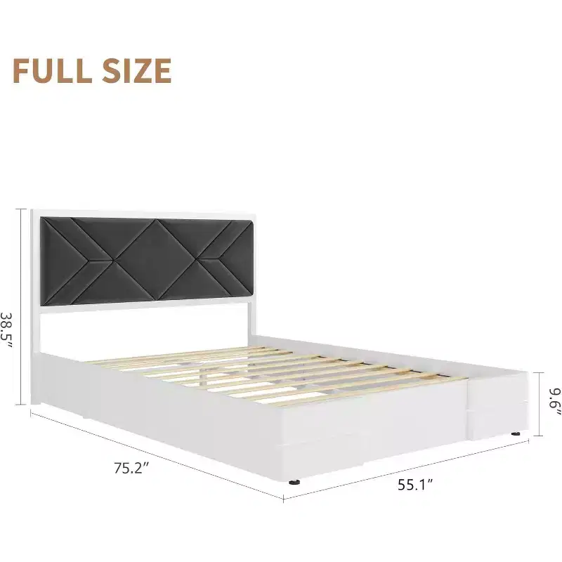 GustoWave Full/Queen/King Size Upholstered Bed Frame for Bedroom, Tufted Design Soft Headboard, Wooden Slat Support, White