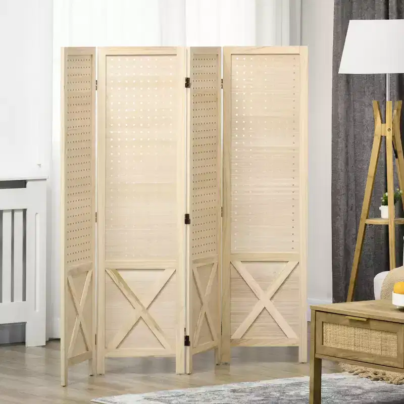 MAYEERTY 4 Panel Room Divider Wood Indoor Portable Folding Privacy Screen Partition Wall Divider for Home Office Natural