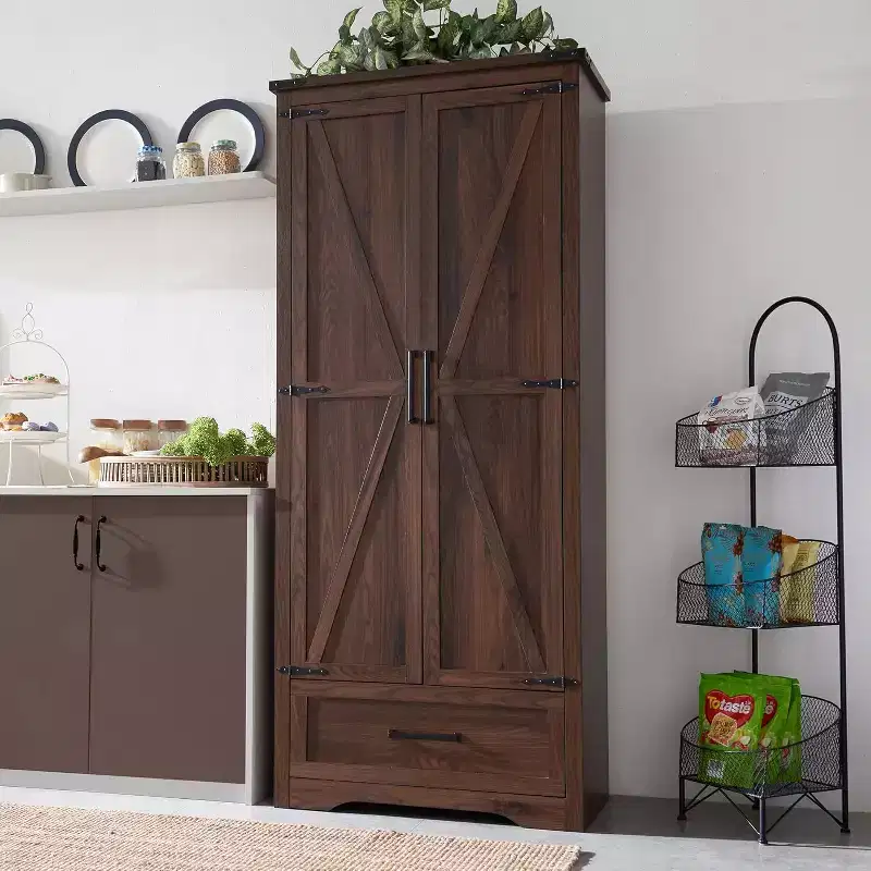 72 Tall Kitchen Pantry, Farmhouse Wood Storage Cabinet with Adjustable Shelves & 2 Barn Doors & Drawer