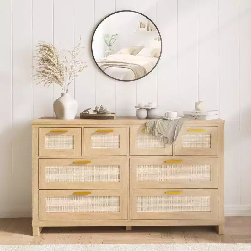 Wood Rattan 8-Drawer Dresser Chest