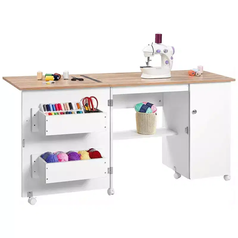 Folding Sewing Table with Storage, Large Sewing Machine Table with Shelves & Lockable Wheels, Multi-Functional Craft Desk for Home, Workroom