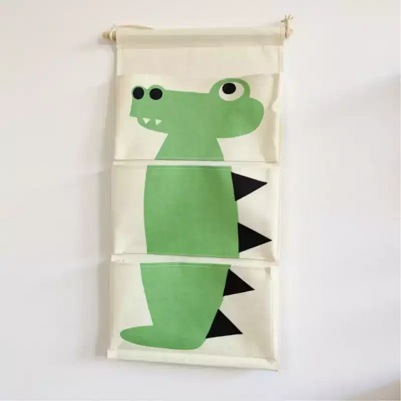 Hanging Canvas Storage Organizer with Cartoon Crocodile Design and Three Pockets 25.5x11.8 in