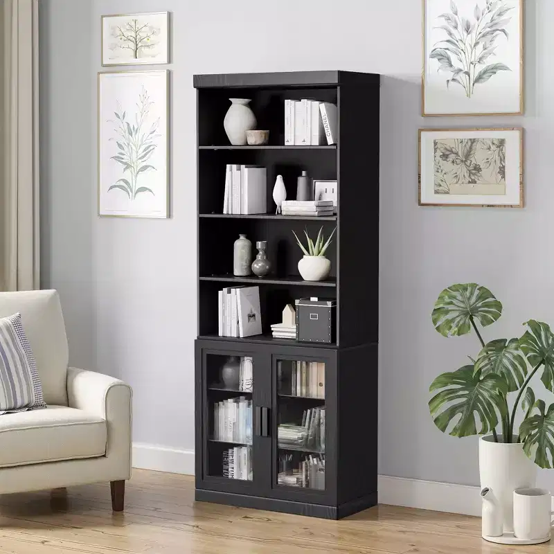 80x31x16 Wood Accent Sideboard Cabinet in Black, Storage Organizer with Adjustable Shelves and Glass Doors for Kitchen Bedroom Living/Dinning Room
