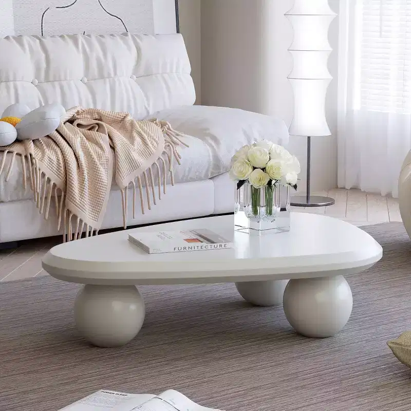 Modern Curved Triangular Coffee Table with 3 Ball Legs, Accent Center Table for Living Room or Small Spaces