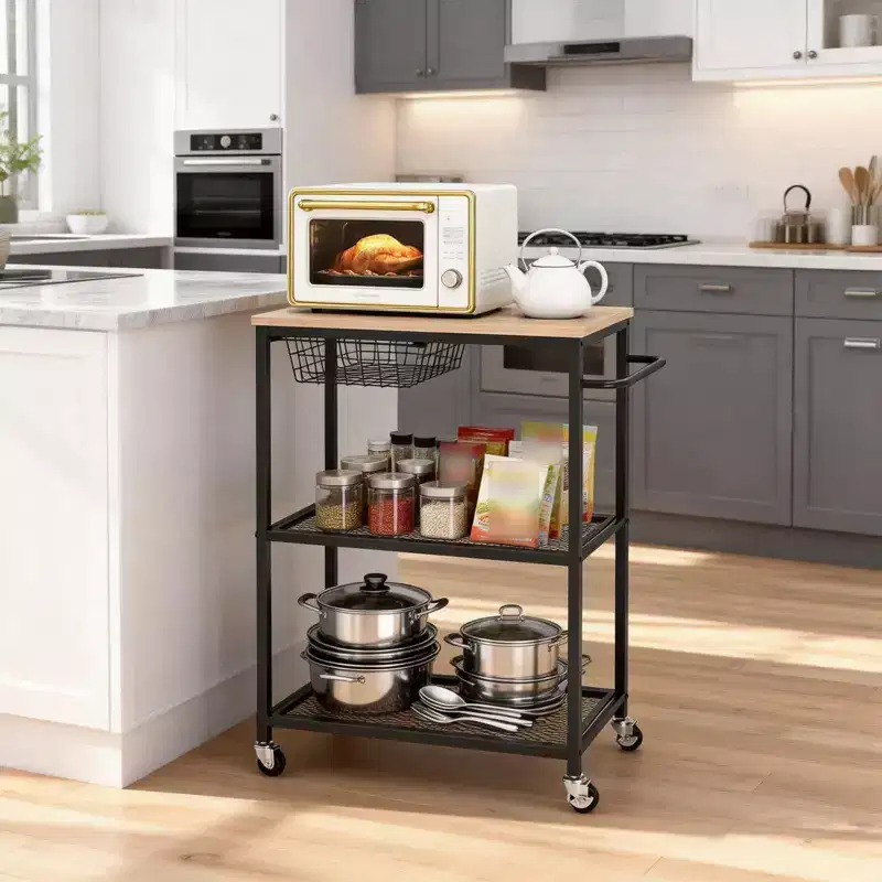 Rolling Kitchen Microwave Cart, 3 Tier Kitchen Utility Cart on Wheels with Handle & Storage Basket, Coffee Bar Table Station for Living Room Office