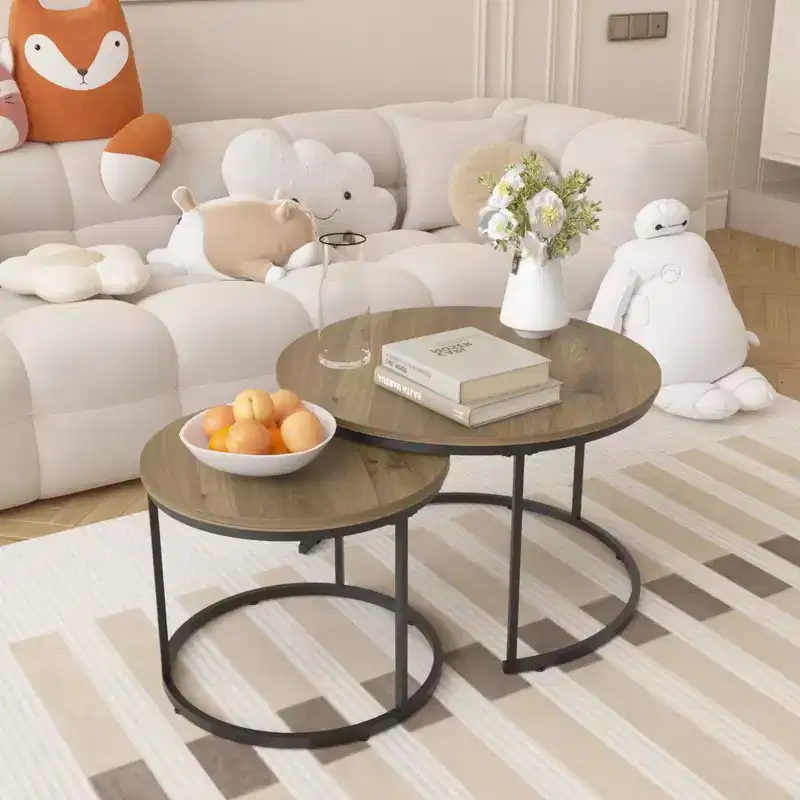 27 Round Nesting Table Set of 2, Industrial Wood-Look Tops with Sturdy Metal Frame, Space-Saving Accent End Tables, Brown