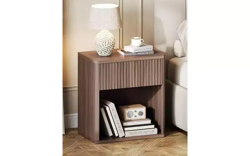 DEXYLLO Night Stand, Wood Nightstand with Storage Drawer and Open Shelf, Fluted Bedroom Nighstand, Mid Century Bed Side Table