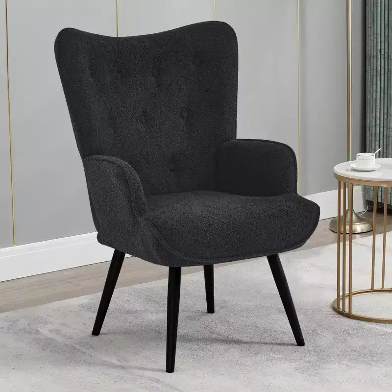 Modern Accent Chair Faux Shearling Tufted Button Wingback Chair with Arms for Home Office/Living Room/Bedroom