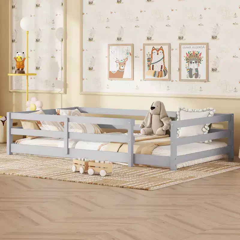 TUYOHW Twin Size Toddler Floor Bed with Fence for Kids,Modern Metal Montessori Bed for Bedroom
