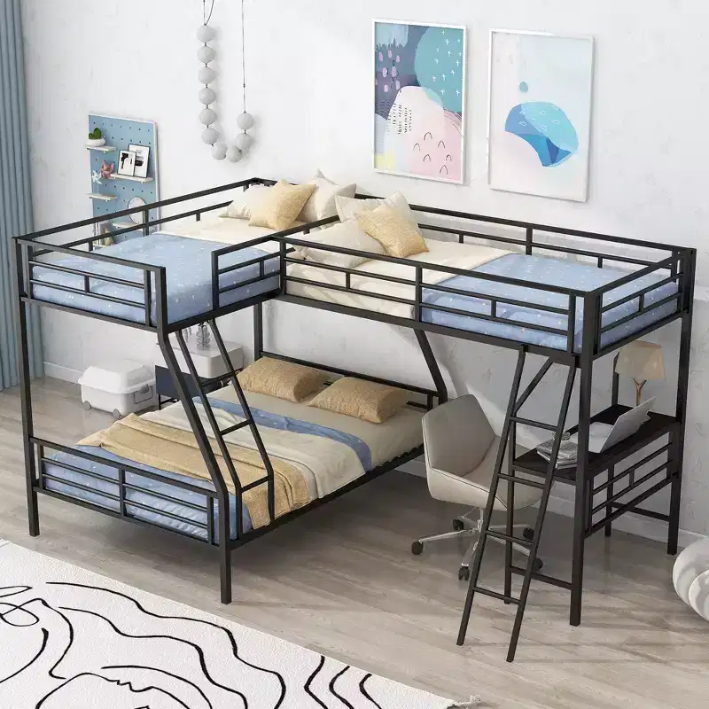 L-Shaped Metal Triple Bunk Bed with Desk for 3 Kids, Twin over Full, Black