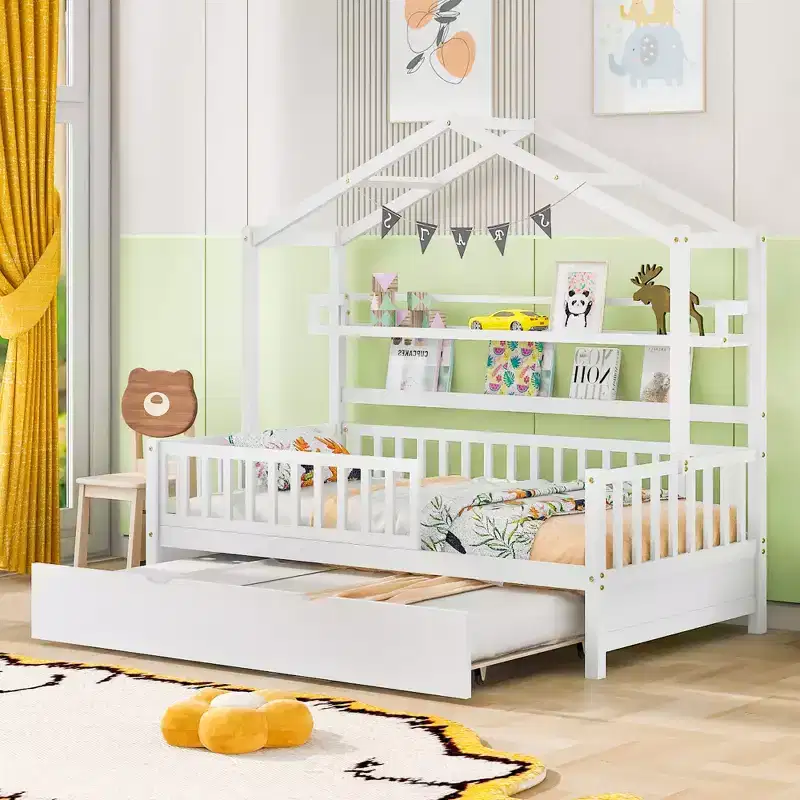 House Bed with Trundle and Storage Shelves, Kids Platform Bed with Fence Rails Wood Playhouse Tent Bed Frame for Girls Boys, White