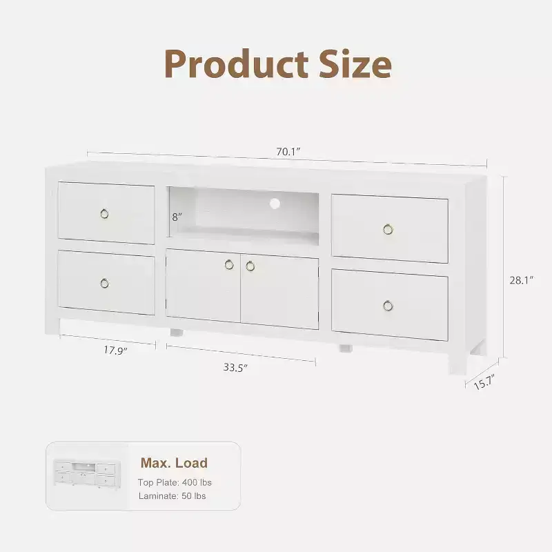 Farmhouse TV Stand for 75/80 Inch TVs, 70 Long Entertainment Center with 6 Storage Drawers & Soundbar Shelf