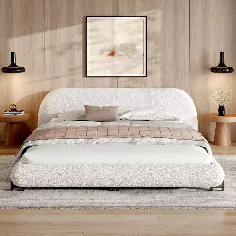 Queen/King Size Upholstered Platform Bed Frame with Thick Padded Headboard, Solid Wood Leg & Curve Design, White - ModernLuxe